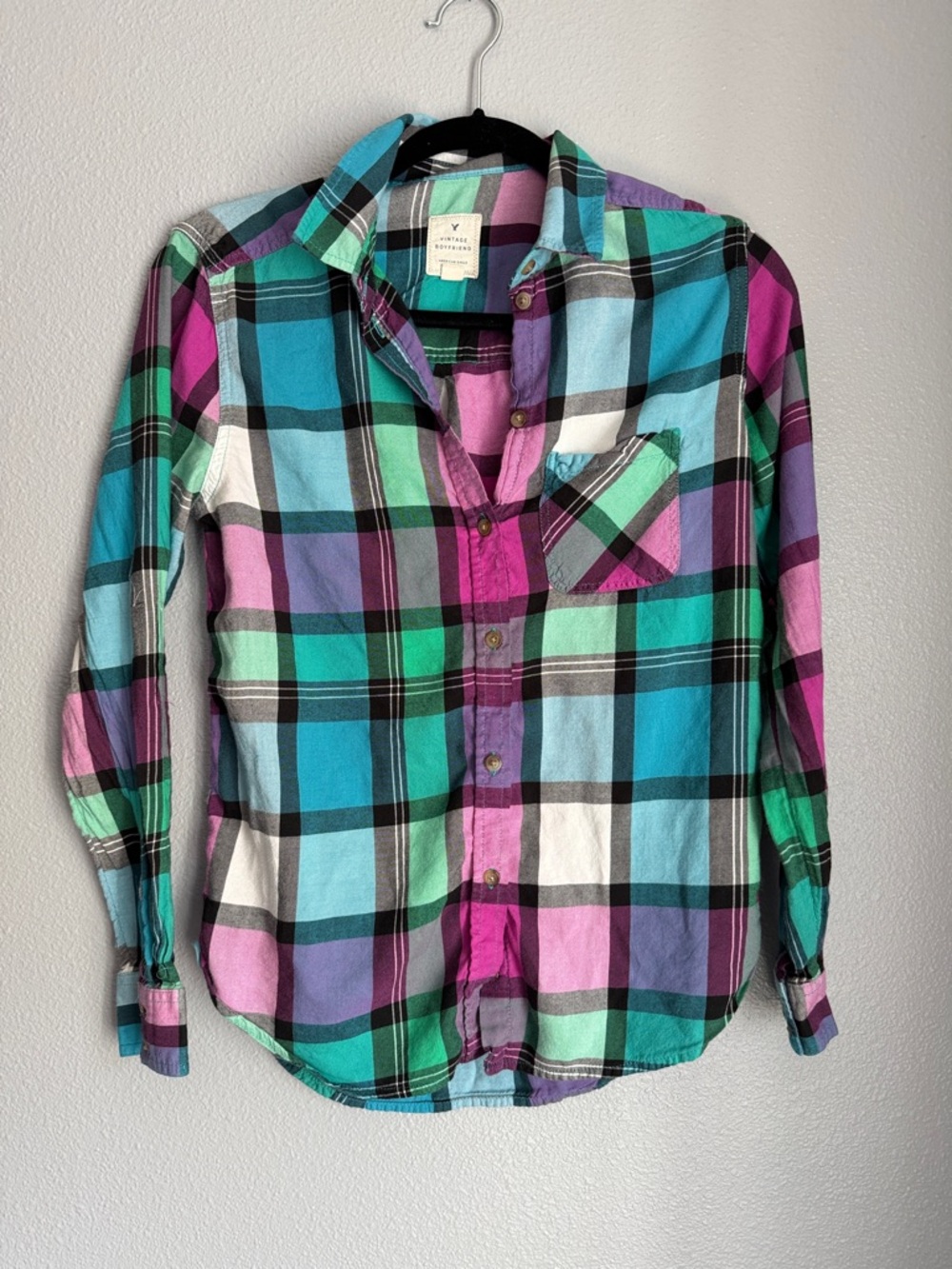 American Eagle Outfitters Teal Blue Pink Purple Plaid Button-Down Shirt